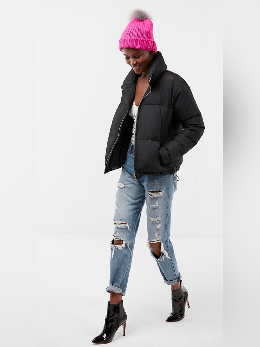 Express Black Puffer Jacket with High Collar